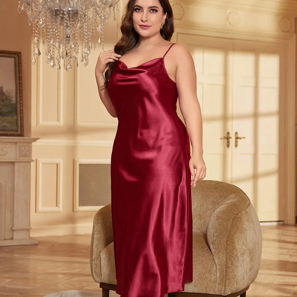 Plus Size Long Solid Color Satin Nightgown Spaghetti Straps XL-5XL Big Size Nightgowns New Fashion Sleeveless Nightdress