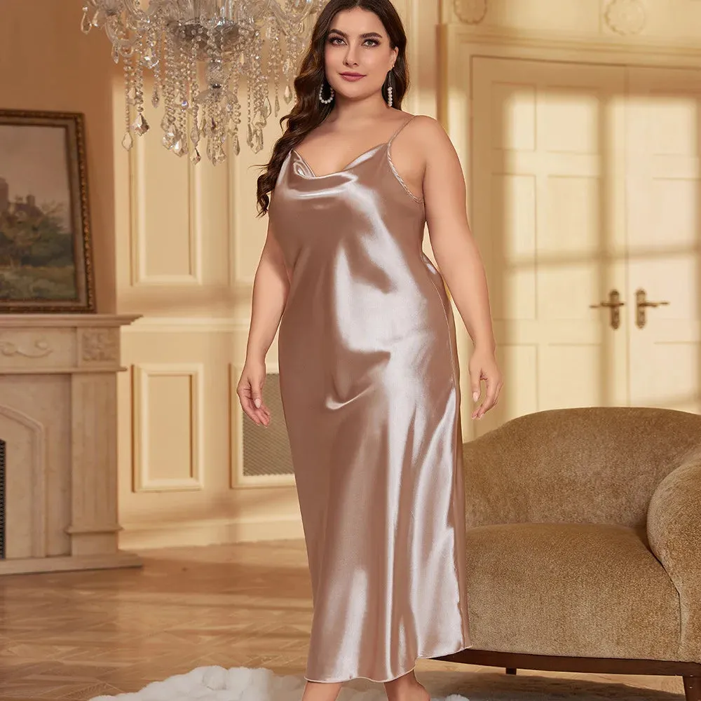 Plus Size Long Solid Color Satin Nightgown Spaghetti Straps XL-5XL Big Size Nightgowns New Fashion Sleeveless Nightdress