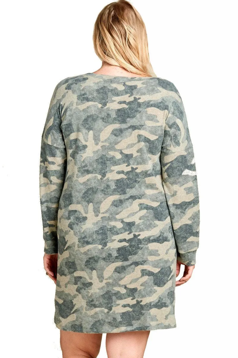 Plus Size Short Camouflage Lounge Dress Nightgown Long Sleeves