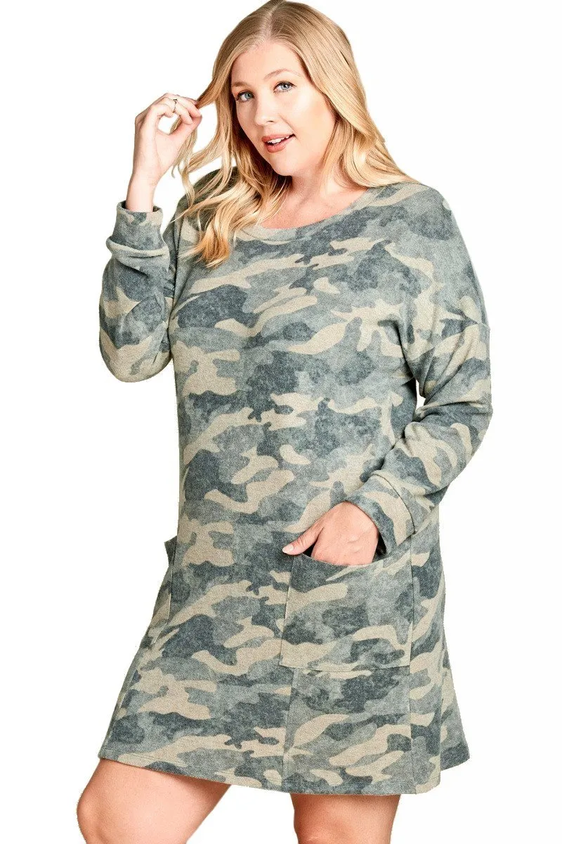Plus Size Short Camouflage Lounge Dress Nightgown Long Sleeves