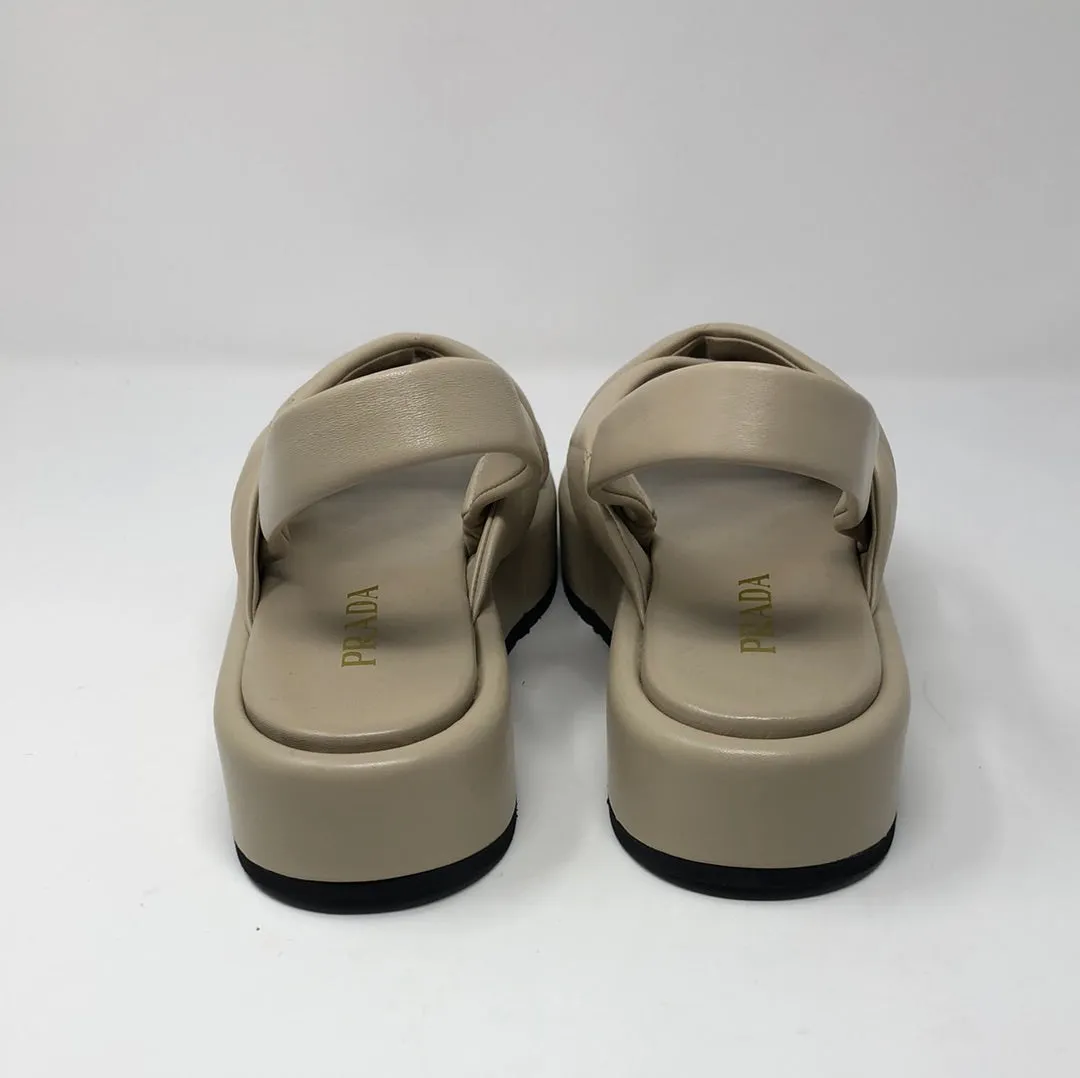 Prada Beige Leather Platform CrissCross Slingback Sandals