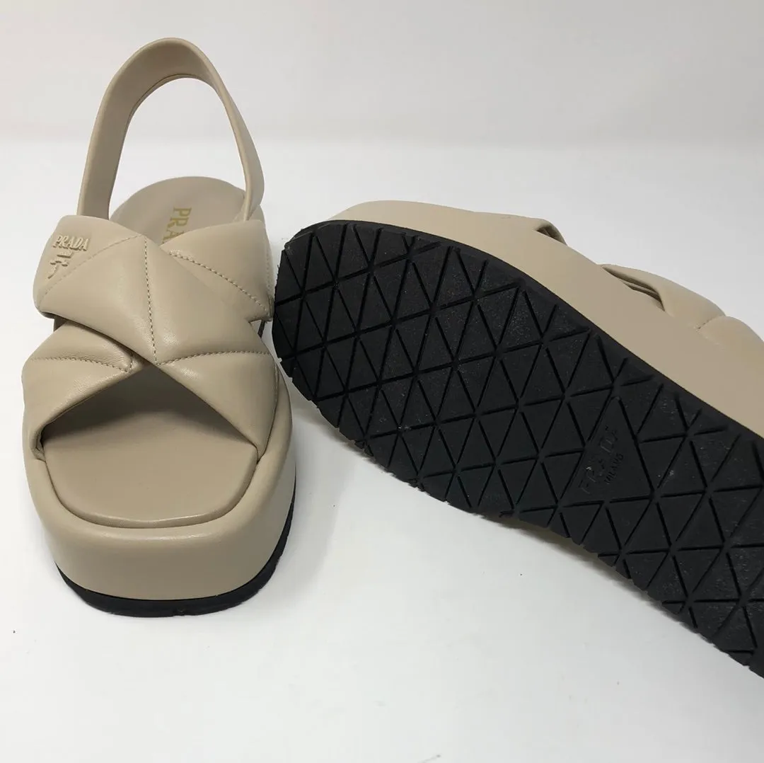 Prada Beige Leather Platform CrissCross Slingback Sandals
