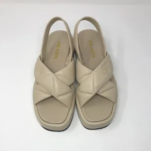 Prada Beige Leather Platform CrissCross Slingback Sandals