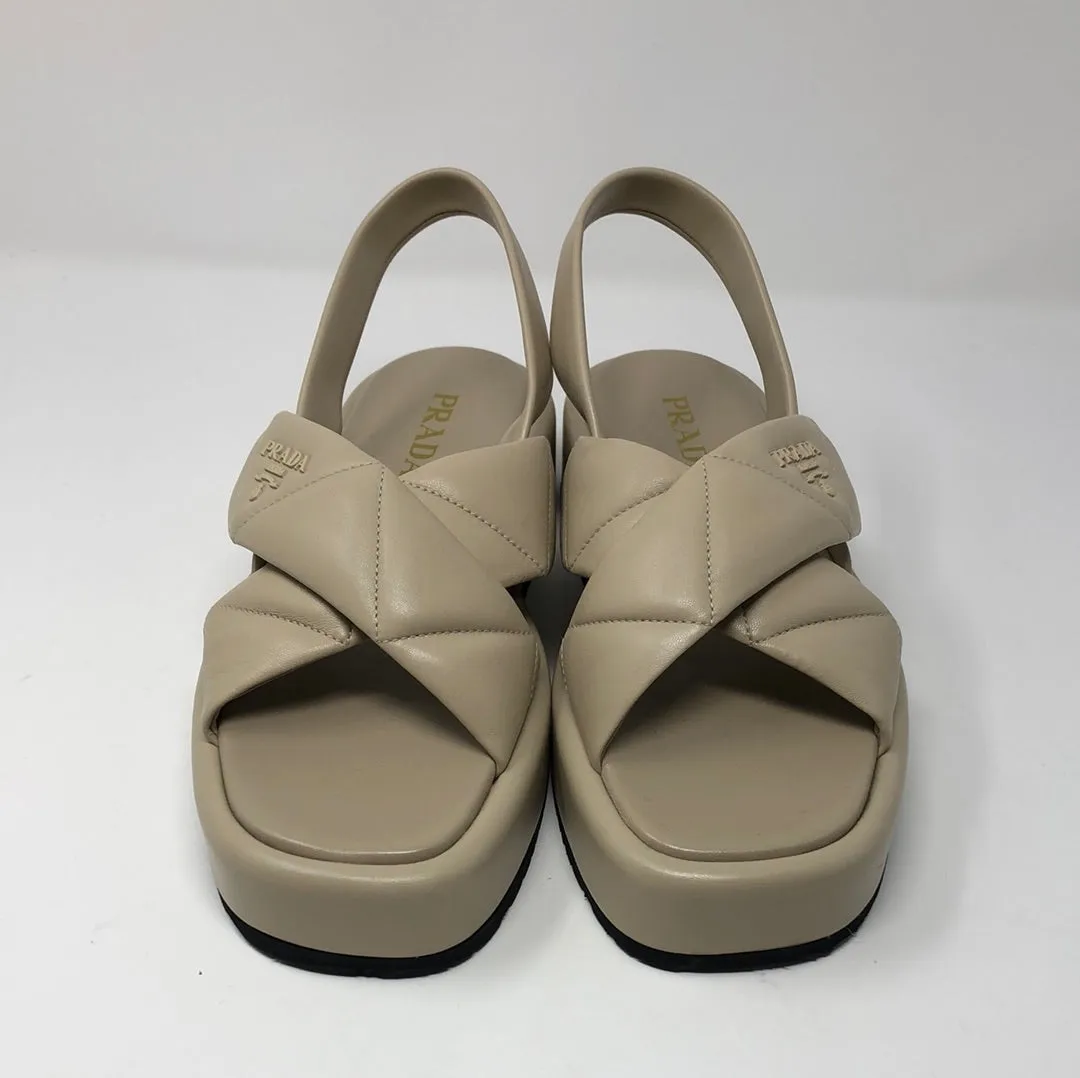 Prada Beige Leather Platform CrissCross Slingback Sandals
