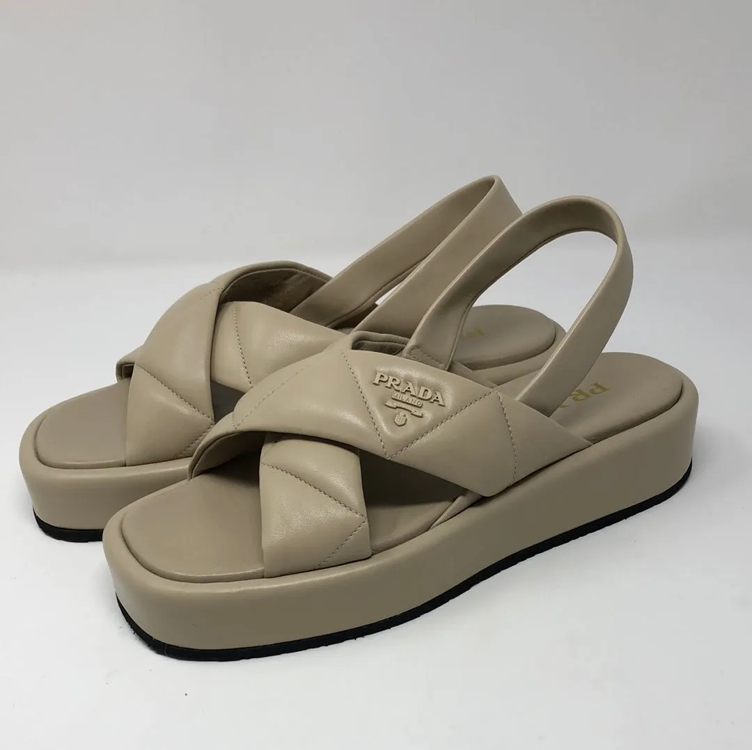Prada Beige Leather Platform CrissCross Slingback Sandals