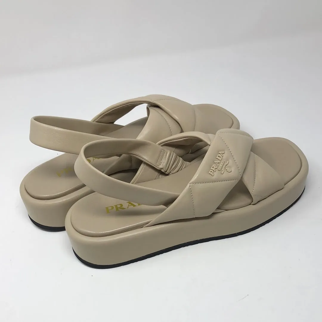 Prada Beige Leather Platform CrissCross Slingback Sandals