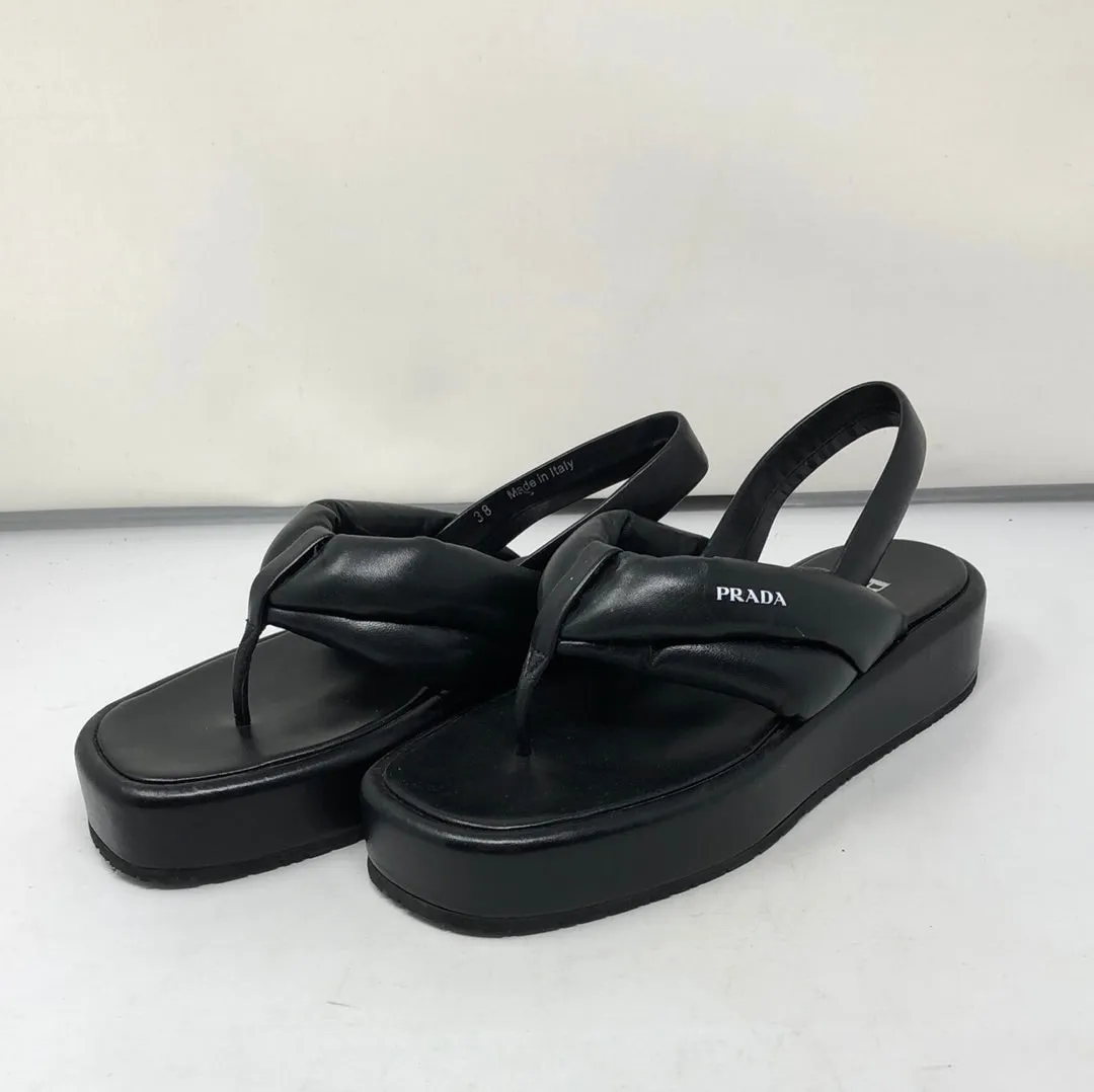 PRADA Black Leather Sandal with Leather Thong