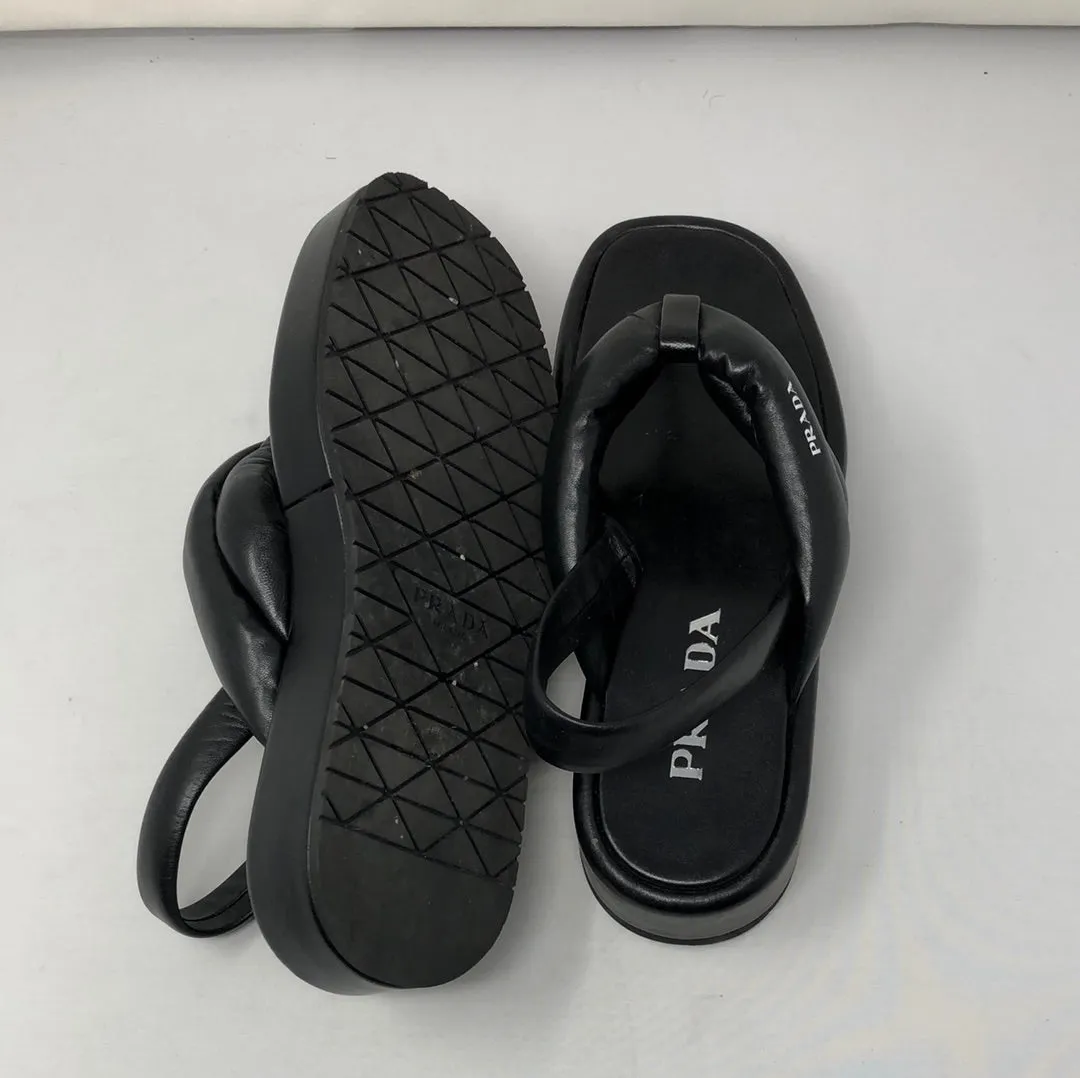 PRADA Black Leather Sandal with Leather Thong