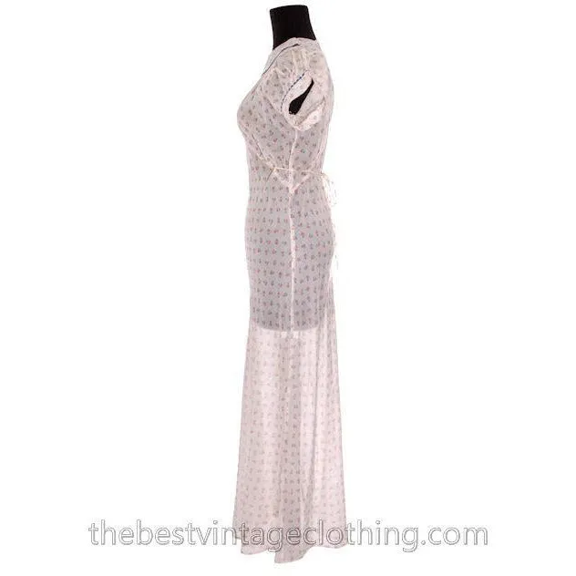 Pretty Vintage 1930s Bias Cut Cotton Printed Nightgown Puffed Sleeves Not Worn 40 Bust