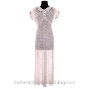 Pretty Vintage 1930s Bias Cut Cotton Printed Nightgown Puffed Sleeves Not Worn 40 Bust