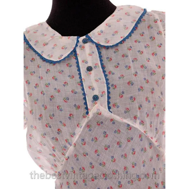 Pretty Vintage 1930s Bias Cut Cotton Printed Nightgown Puffed Sleeves Not Worn 40 Bust
