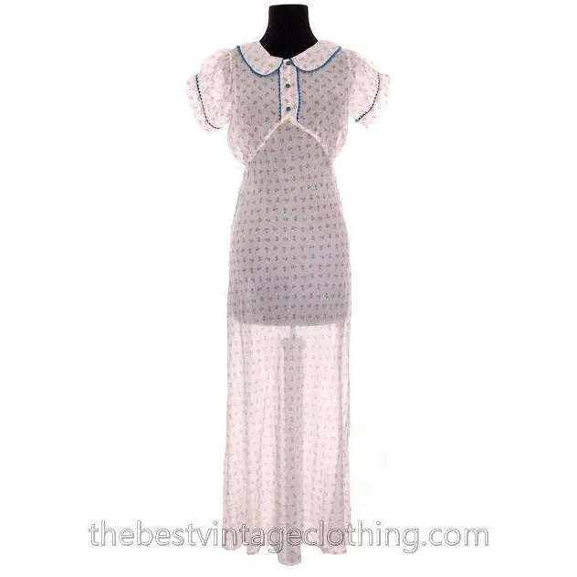 Pretty Vintage 1930s Bias Cut Cotton Printed Nightgown Puffed Sleeves Not Worn 40 Bust