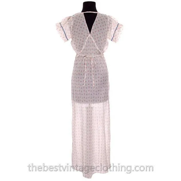 Pretty Vintage 1930s Bias Cut Cotton Printed Nightgown Puffed Sleeves Not Worn 40 Bust