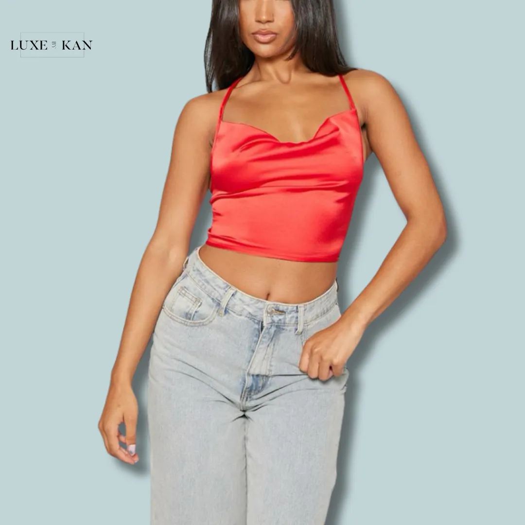PRETTYLITTLETHING Red Satin Strappy Back Cowl Neck Cami