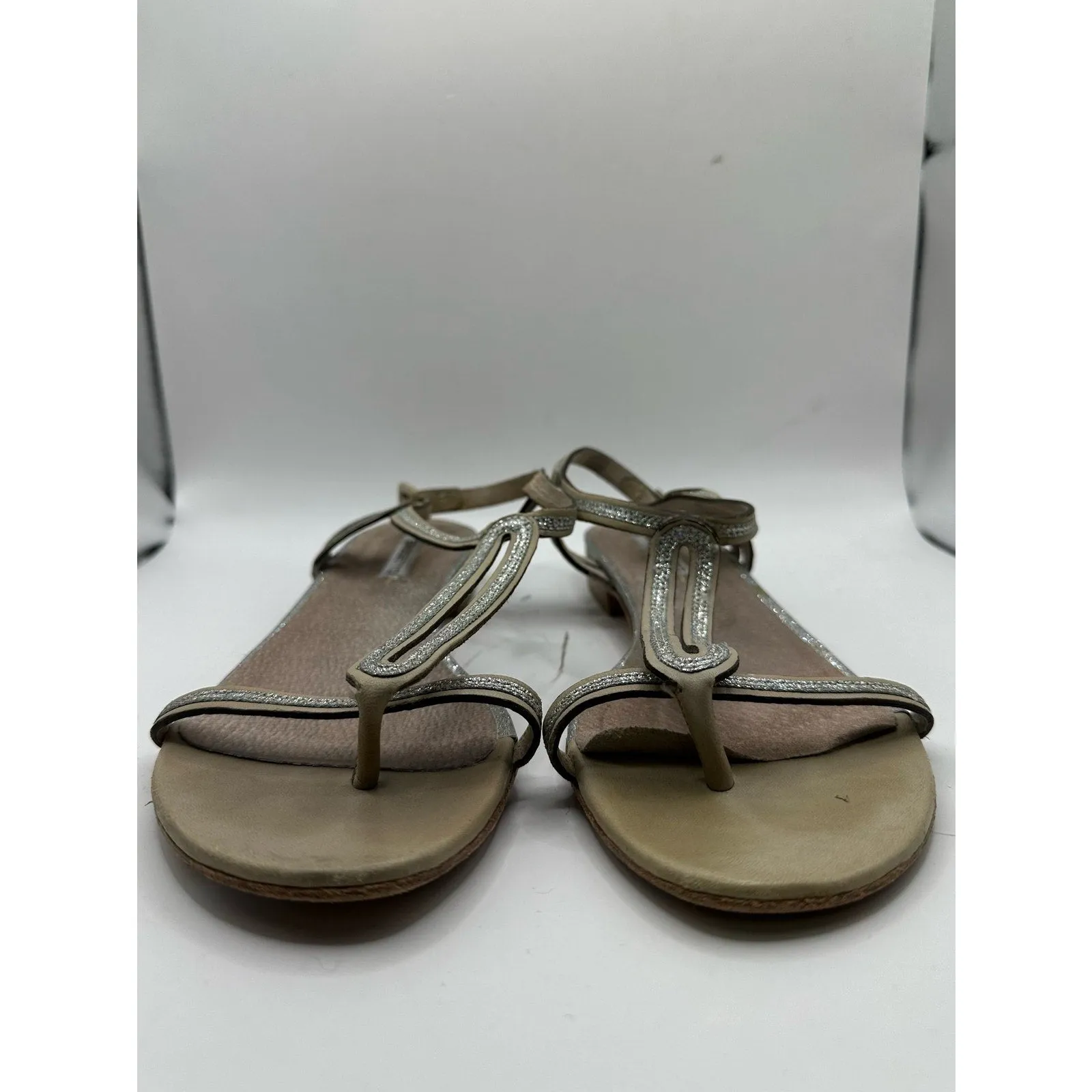 Progetto Silver Glitter Strappy Flat Thong Sandals Sz 39 (8.5)