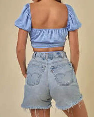 Puff Sleeve Satin Cross Front Crop Top