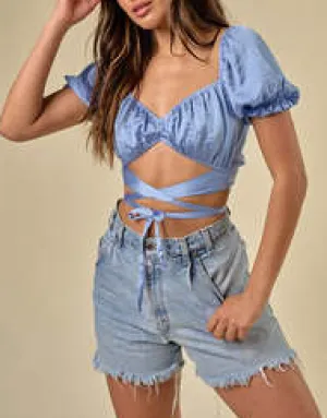 Puff Sleeve Satin Cross Front Crop Top