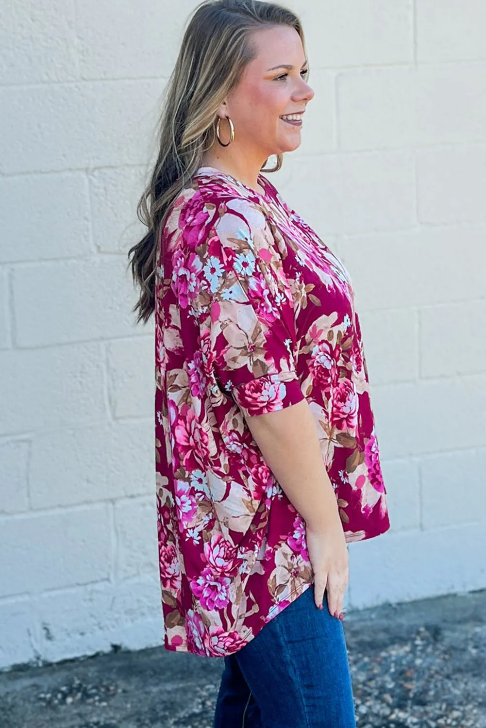 Red Floral / Leopard Print Short Sleeve Plus Size Blouse