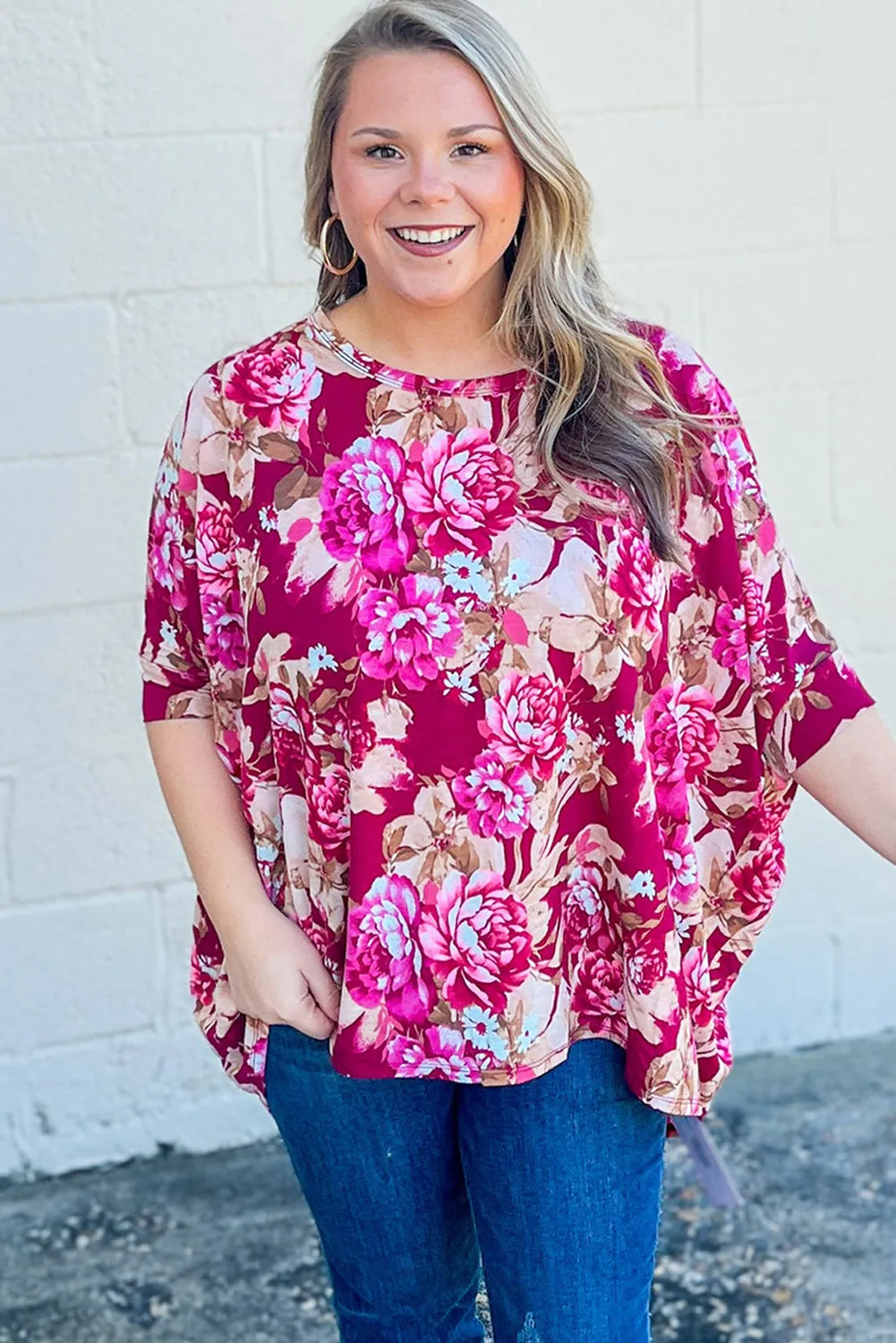 Red Floral / Leopard Print Short Sleeve Plus Size Blouse