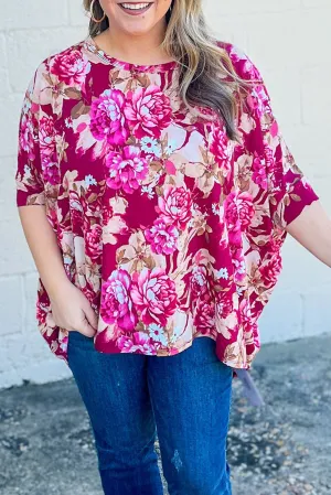 Red Floral / Leopard Print Short Sleeve Plus Size Blouse