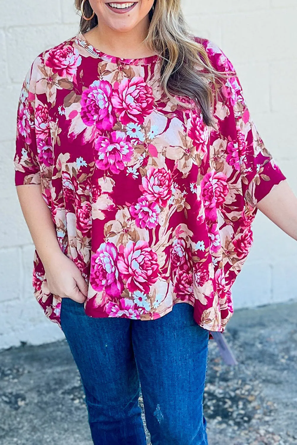 Red Floral / Leopard Print Short Sleeve Plus Size Blouse