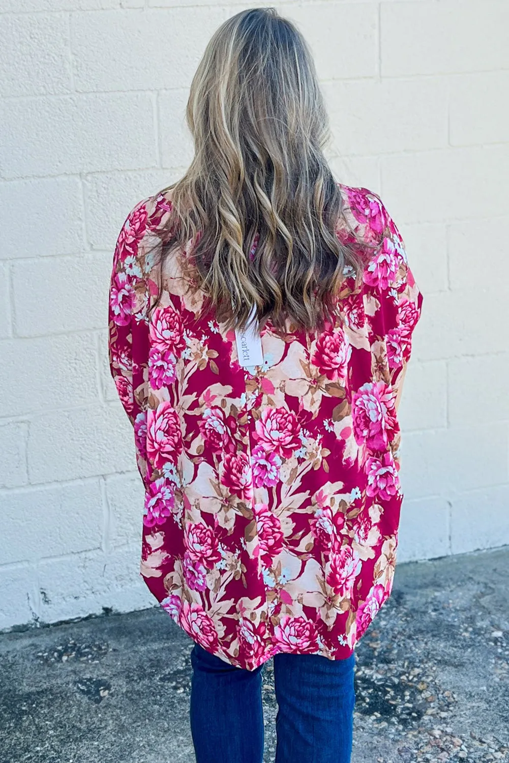 Red Floral / Leopard Print Short Sleeve Plus Size Blouse