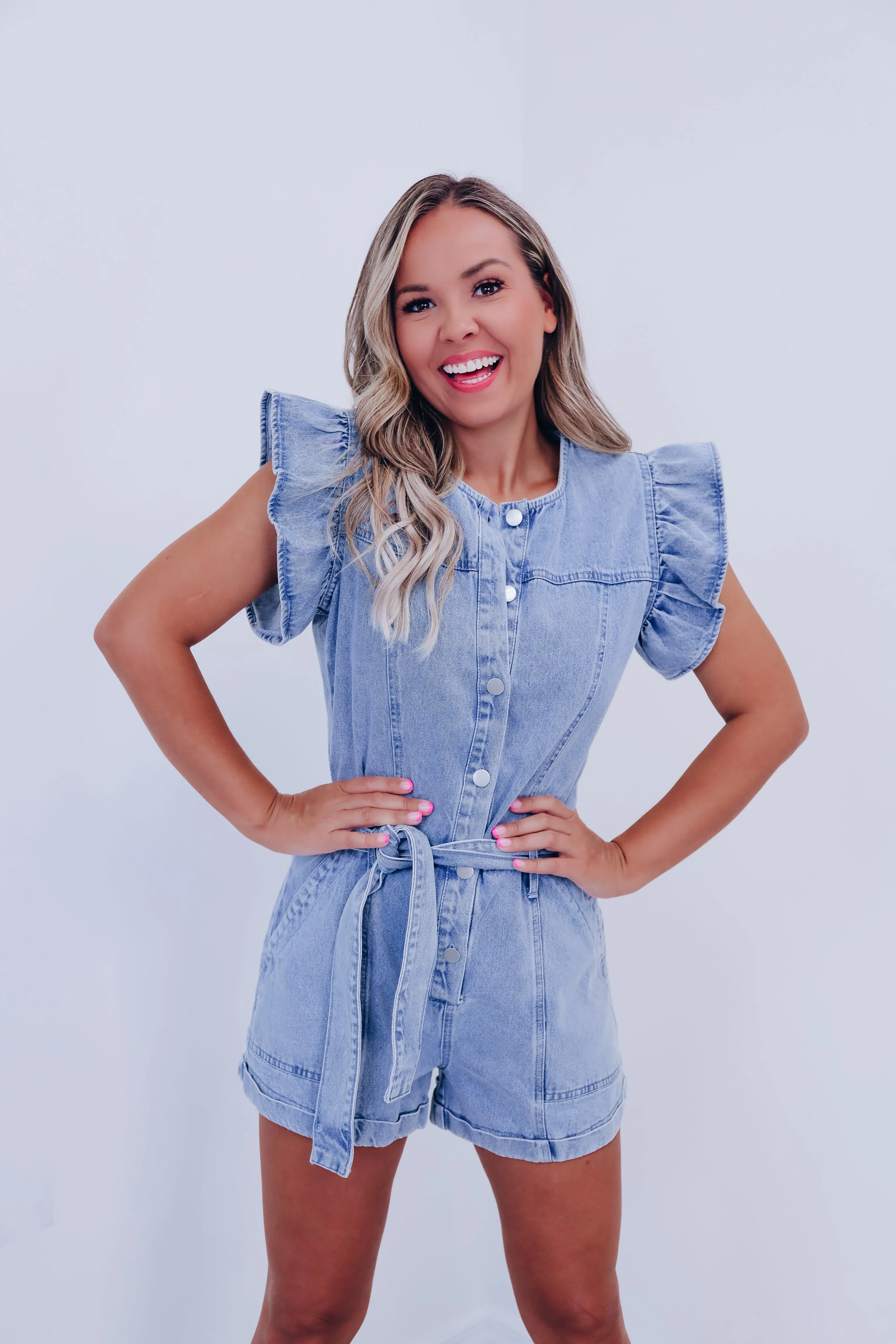Reeva Ruffle Sleeve Romper - Light Denim