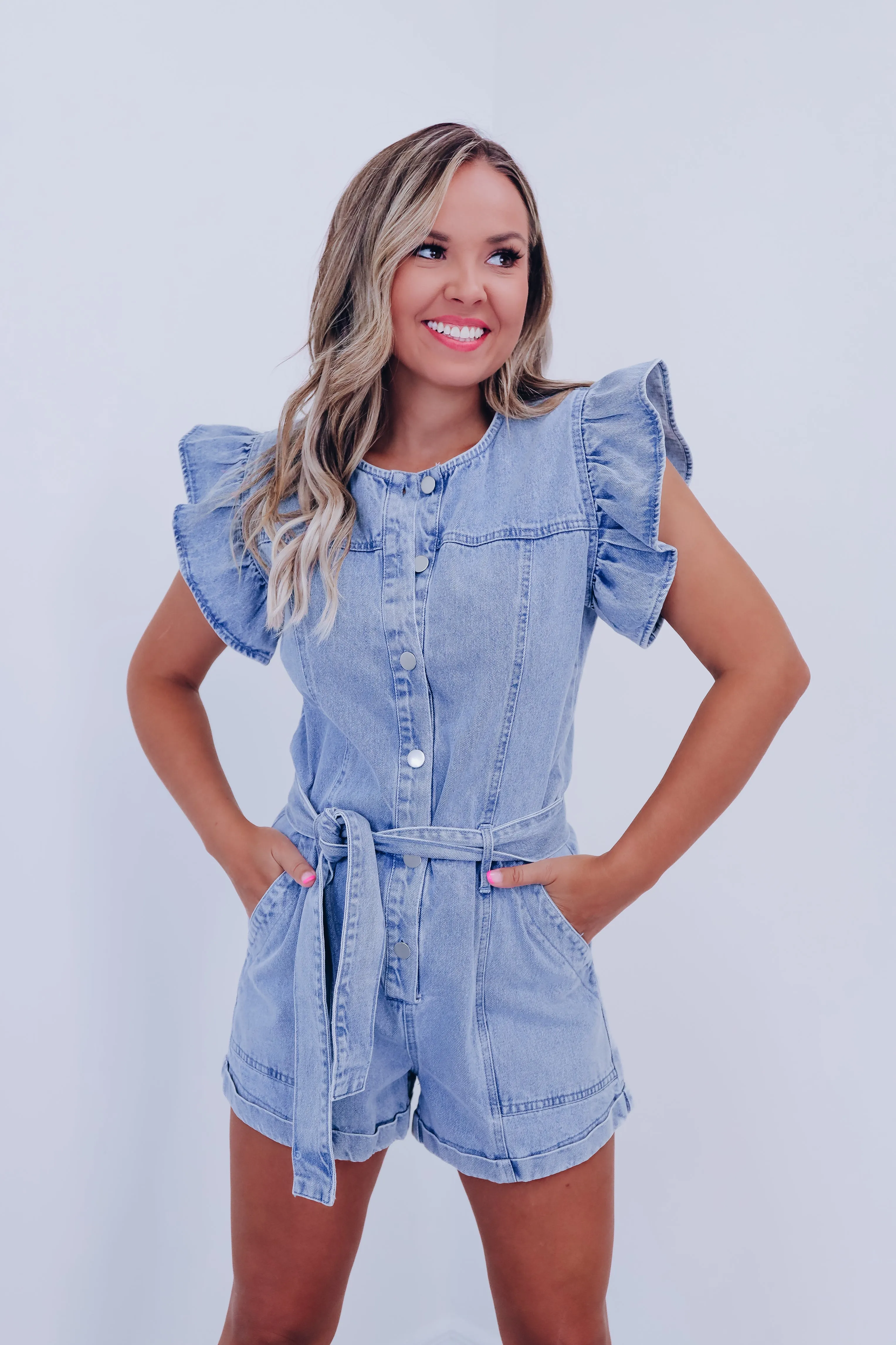 Reeva Ruffle Sleeve Romper - Light Denim