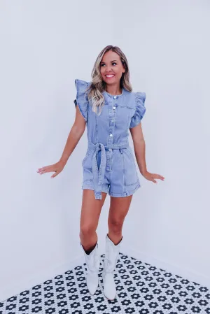 Reeva Ruffle Sleeve Romper - Light Denim