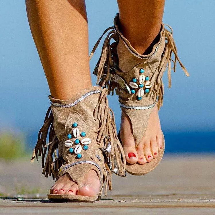 Retro Women Fringe Flower Wedges Shoes Solid Flock Beach Casual Sandals Women Summer Flip Flop Sandals