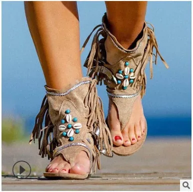 Retro Women Fringe Flower Wedges Shoes Solid Flock Beach Casual Sandals Women Summer Flip Flop Sandals