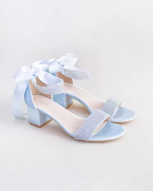 Satin Block Heel Evening Sandals with Rhinestones Strap