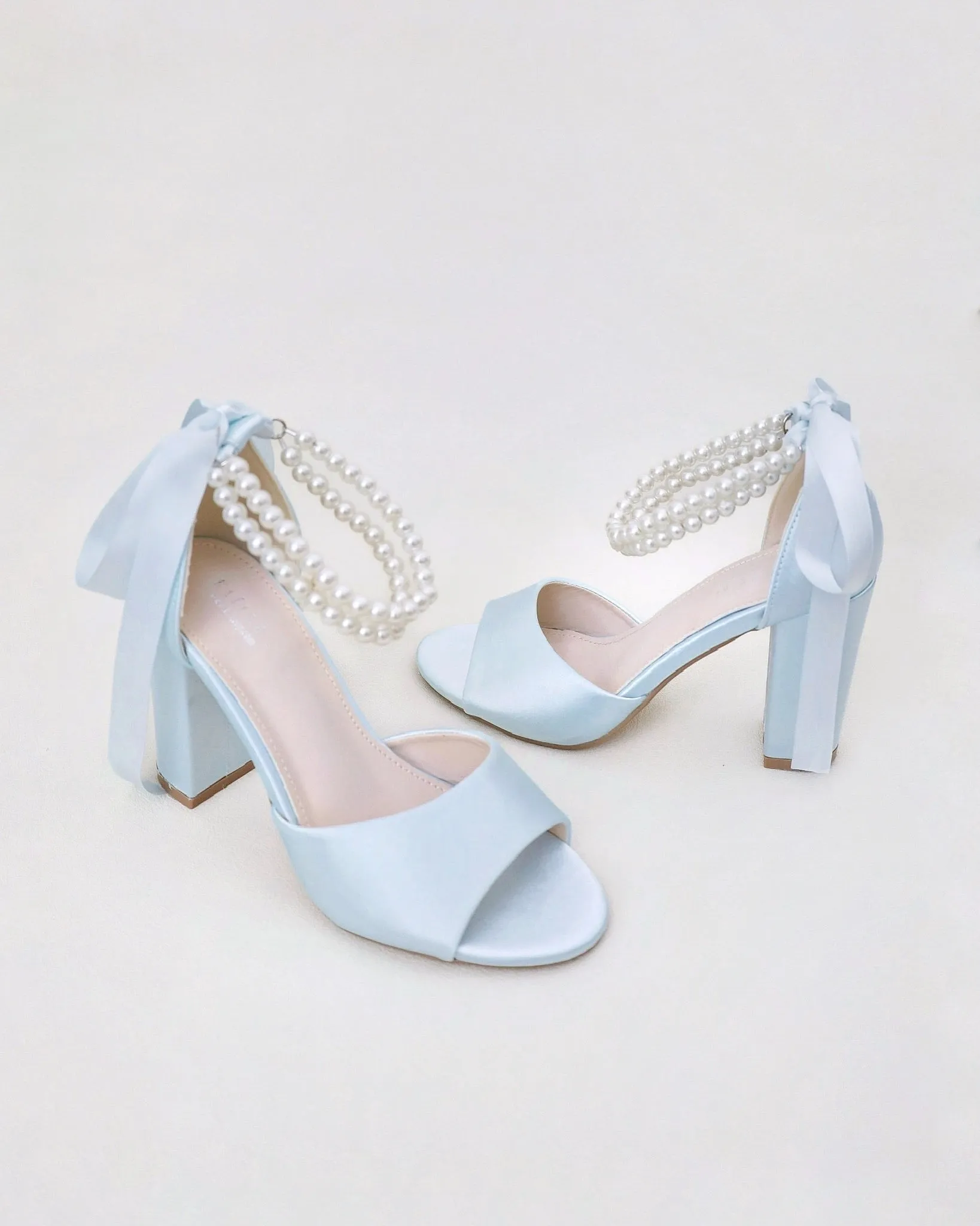 Satin Block Heel Wedding Sandals with Double Pearl Strap