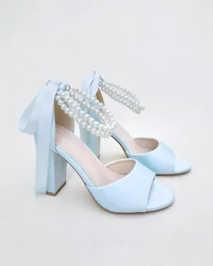 Satin Block Heel Wedding Sandals with Double Pearl Strap