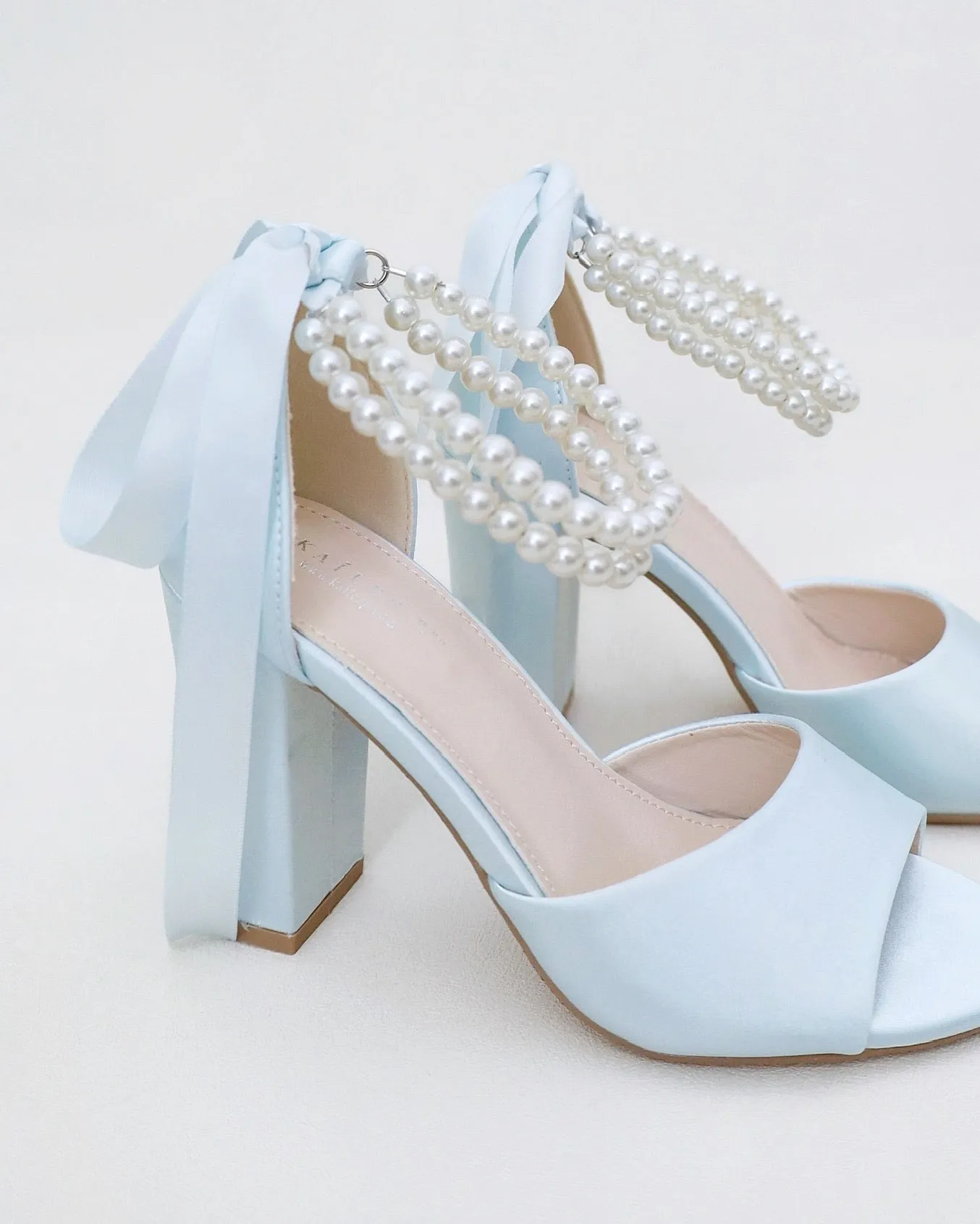 Satin Block Heel Wedding Sandals with Double Pearl Strap