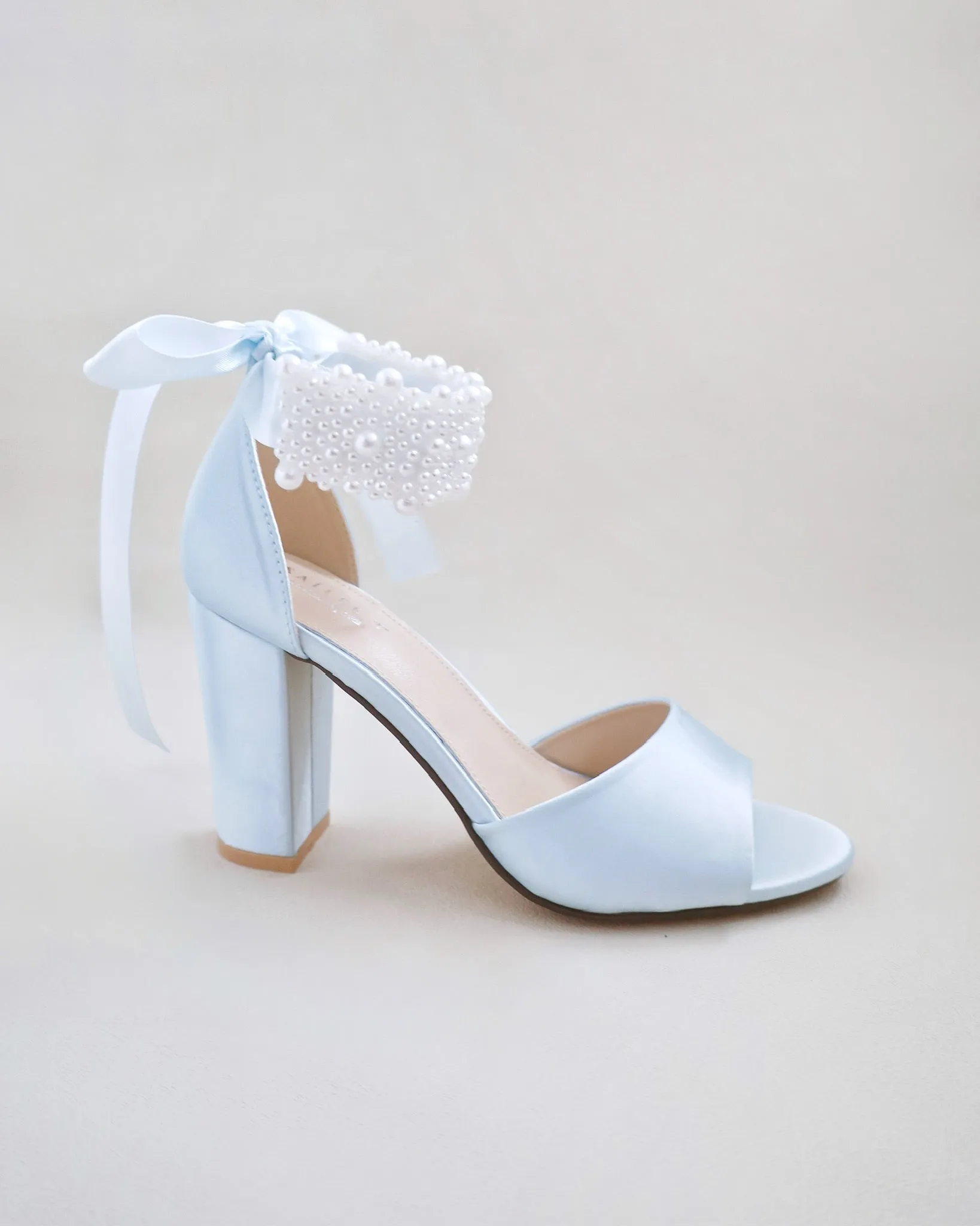 Satin Block Heel Wedding Sandals with Perla Ankle Strap