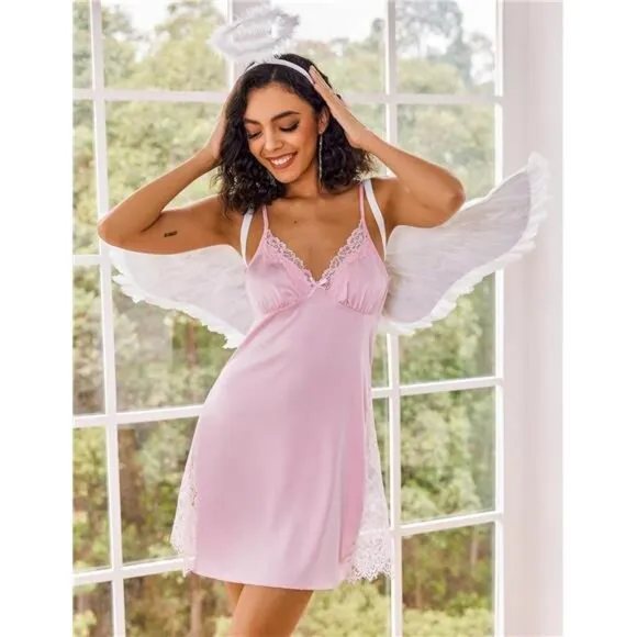 Satin Nightgown V Neck Sleepwear Pink