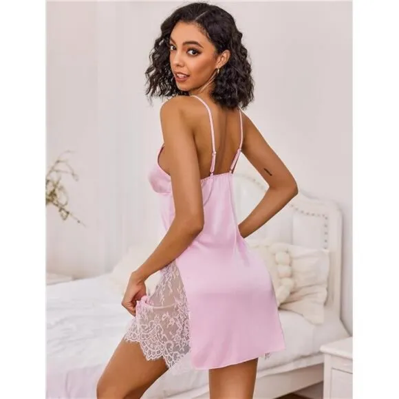Satin Nightgown V Neck Sleepwear Pink
