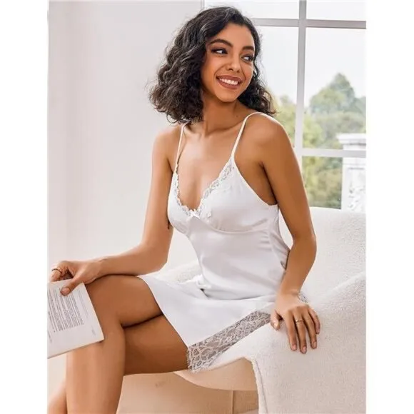 Satin Nightgown V Neck Sleepwear White