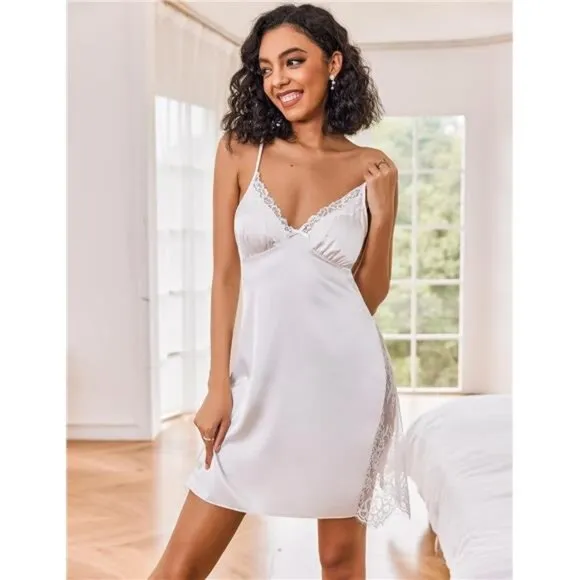 Satin Nightgown V Neck Sleepwear White