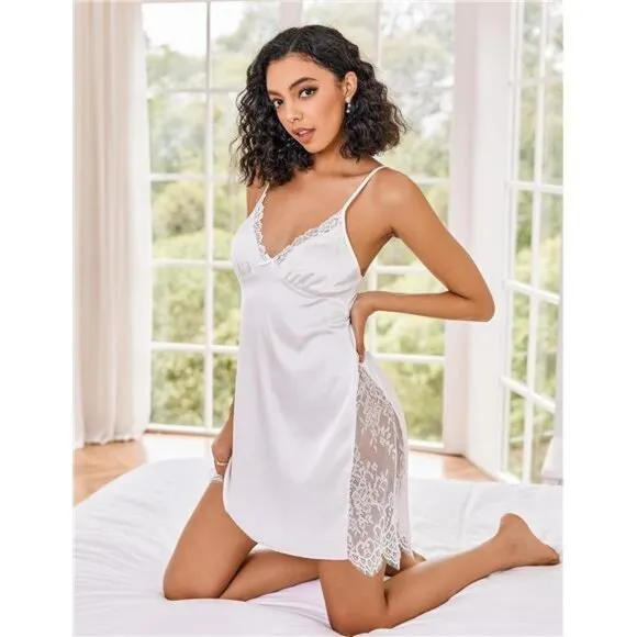Satin Nightgown V Neck Sleepwear White