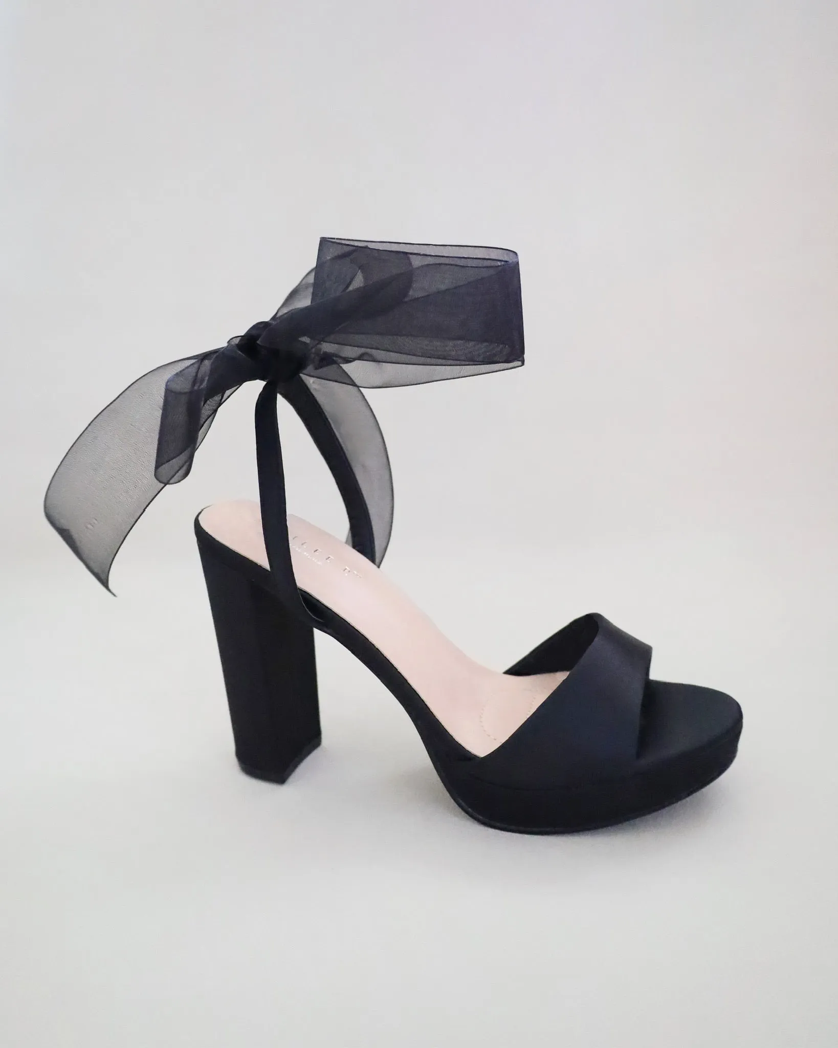 Satin Platform Block Heel Sandals with Wrapped Ribbon Tie
