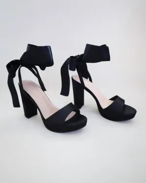 Satin Platform Block Heel Sandals with Wrapped Ribbon Tie