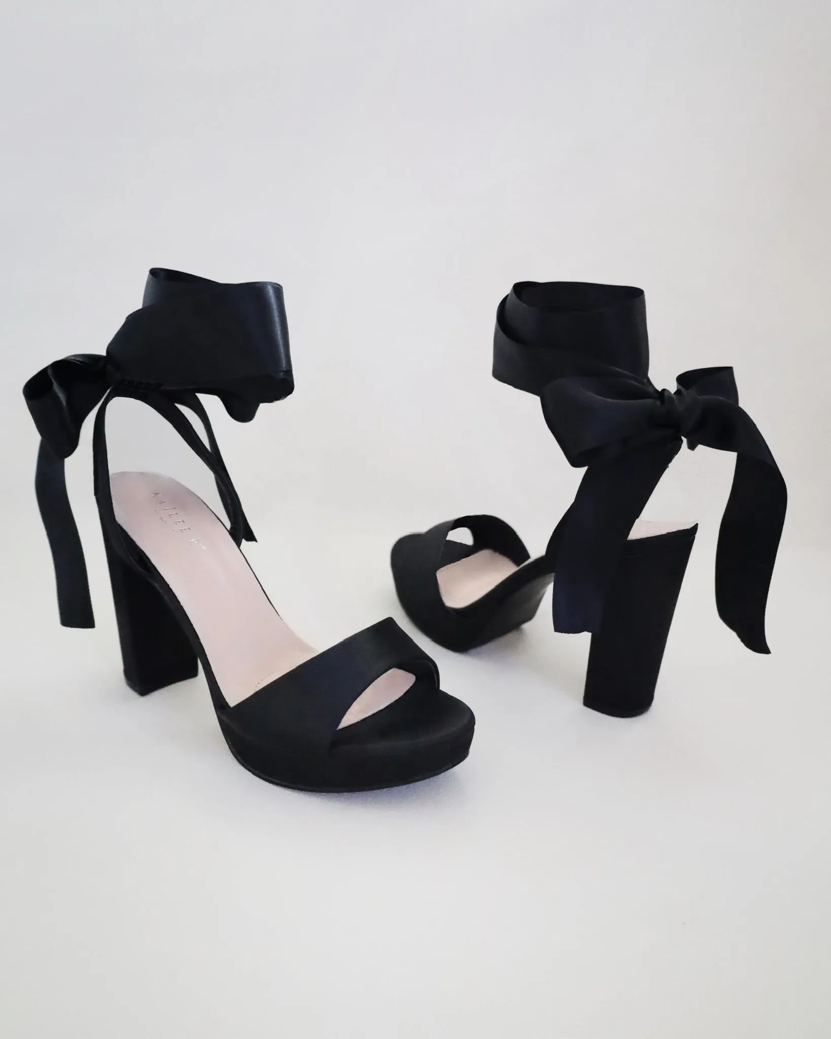 Satin Platform Block Heel Sandals with Wrapped Ribbon Tie