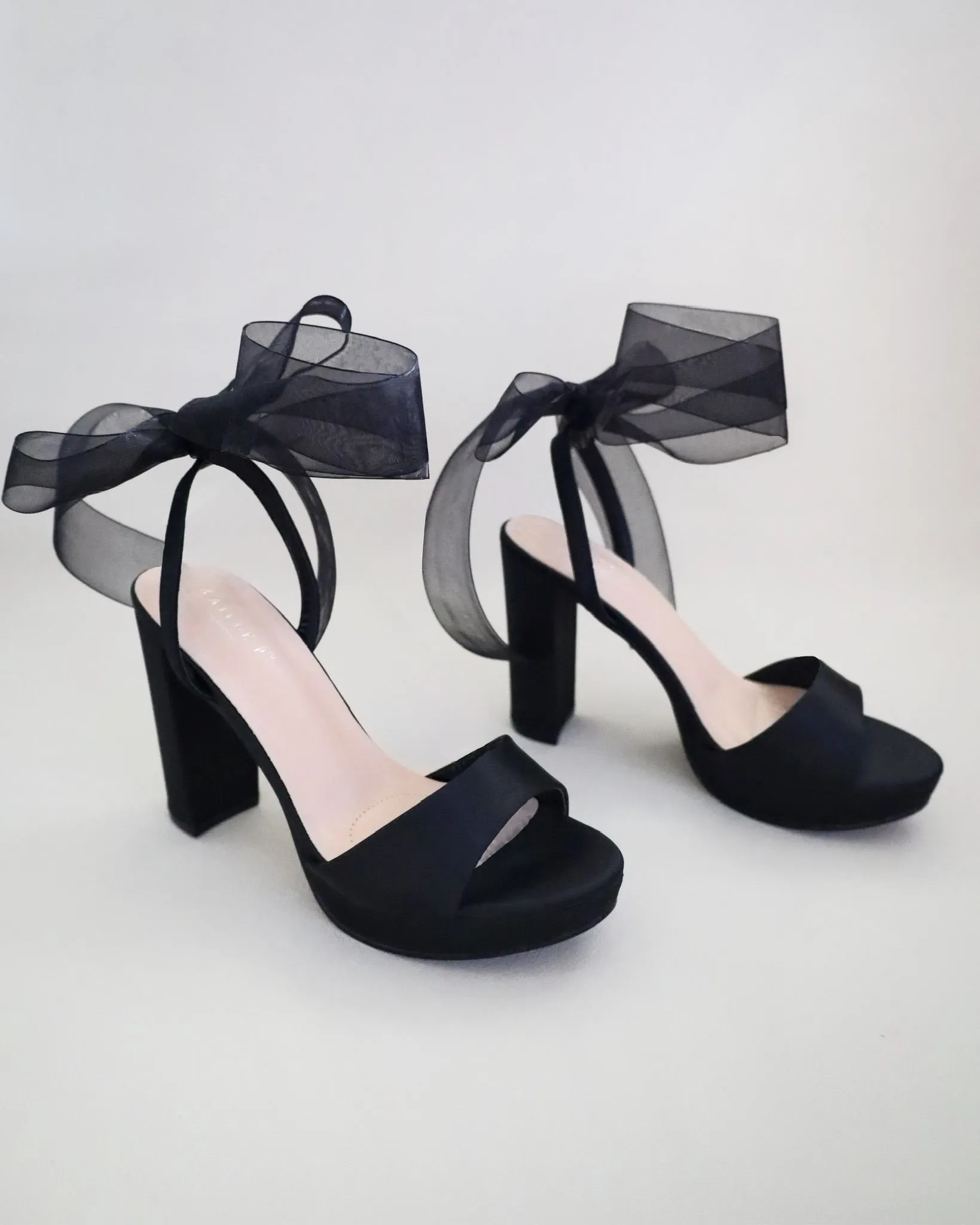 Satin Platform Block Heel Sandals with Wrapped Ribbon Tie