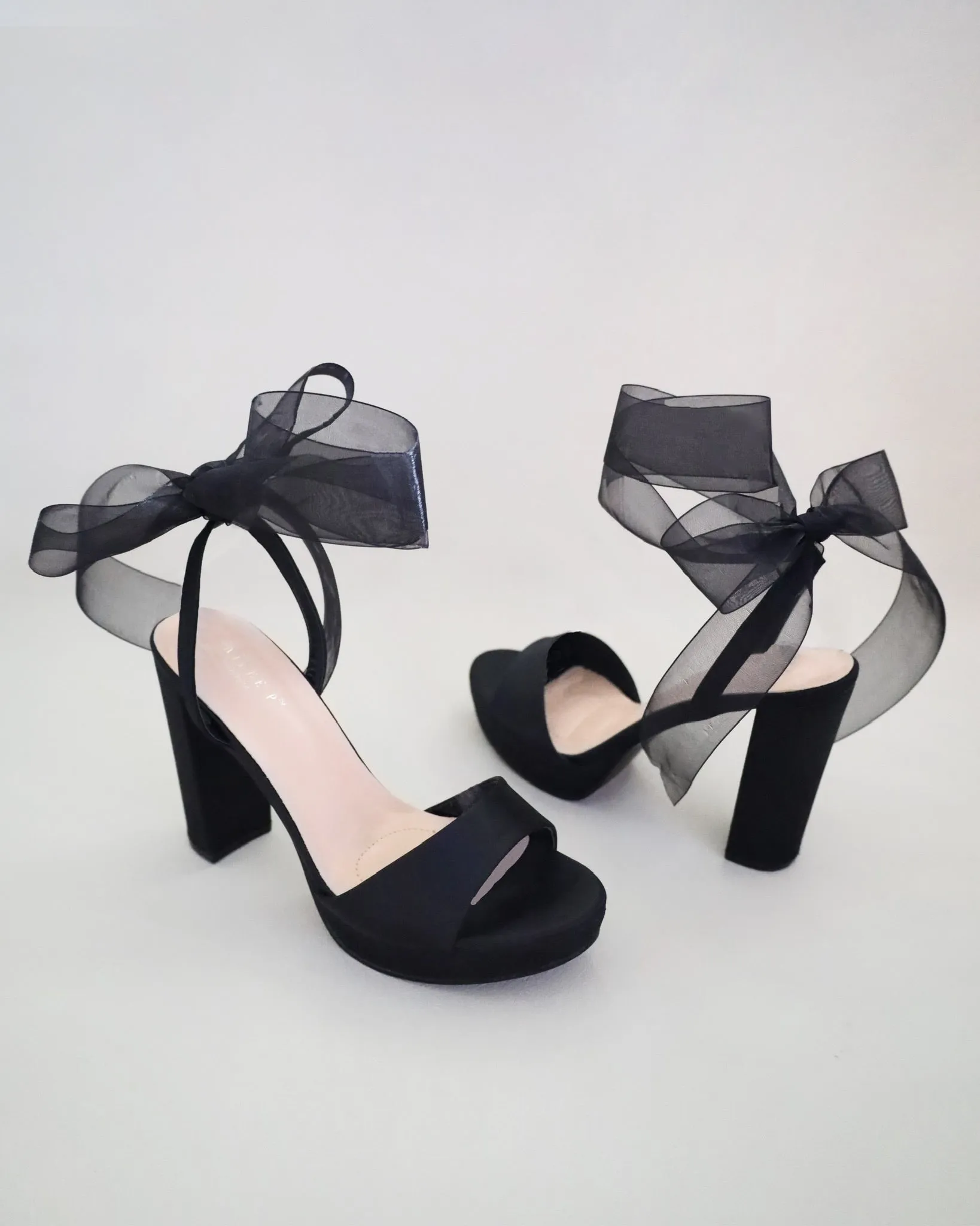 Satin Platform Block Heel Sandals with Wrapped Ribbon Tie