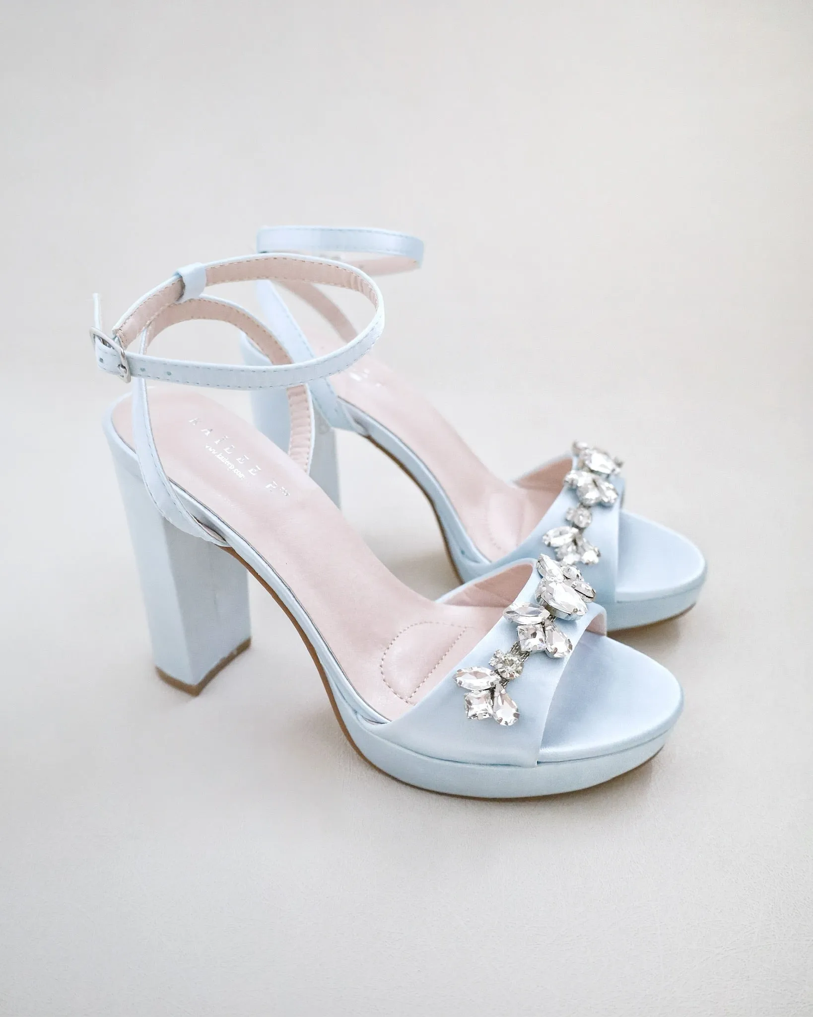 Satin Platform Block Heel Wedding Sandals with Navette Rhinestones