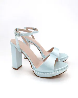 Satin Platform Block Heel Wedding Sandals with Pearls