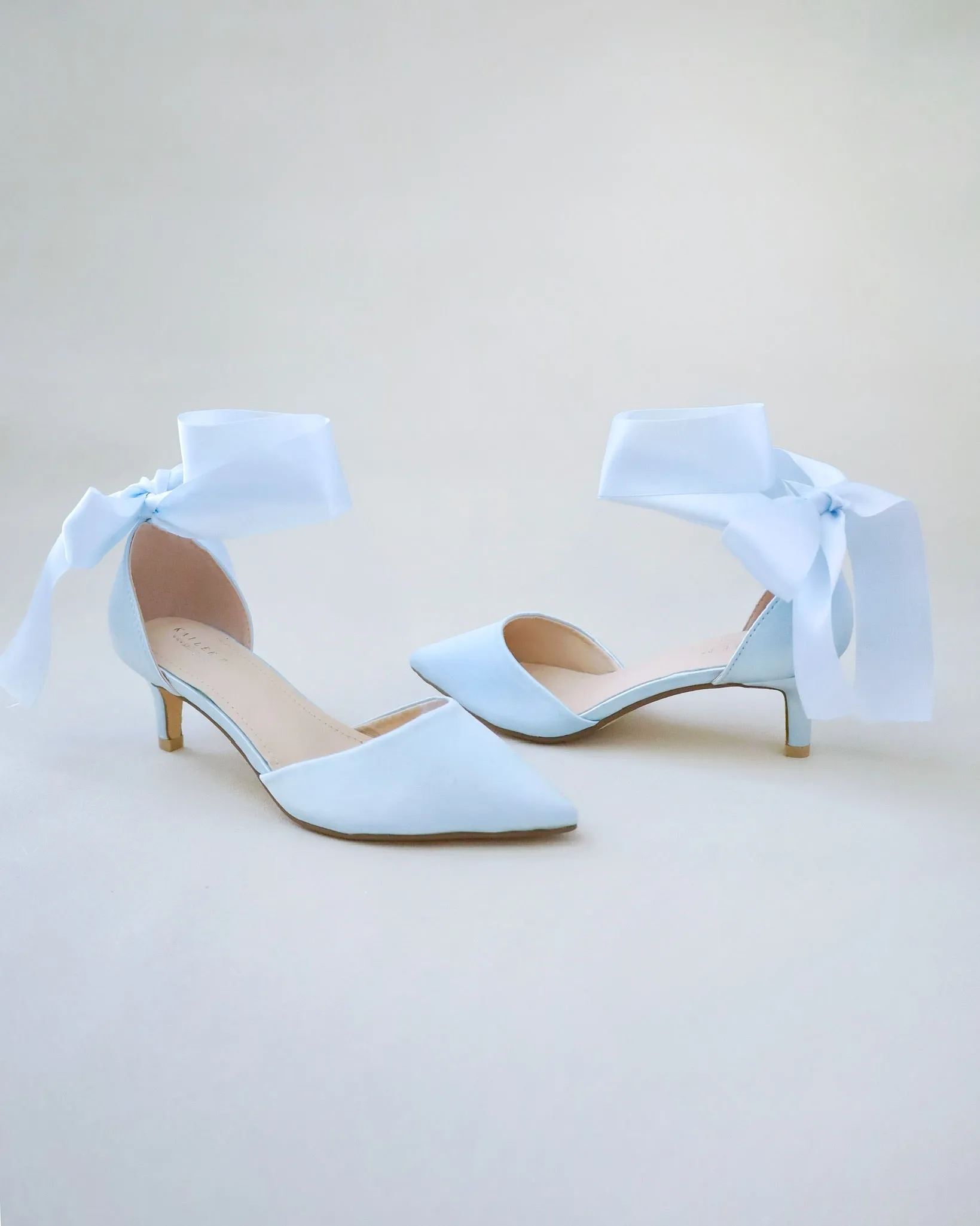 Satin Pointy Toe Low Heels with Wrapped Ankle Tie