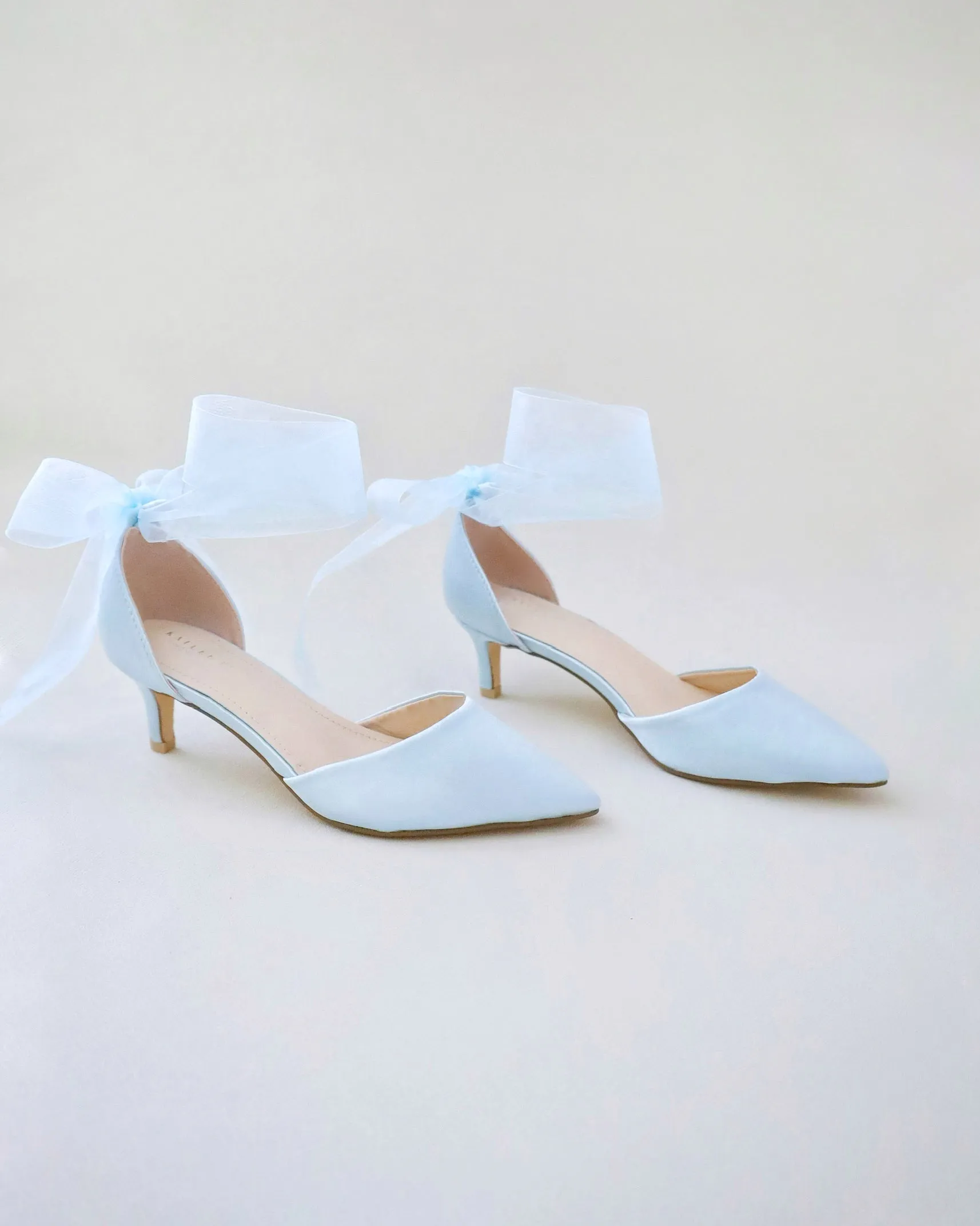 Satin Pointy Toe Low Heels with Wrapped Ankle Tie
